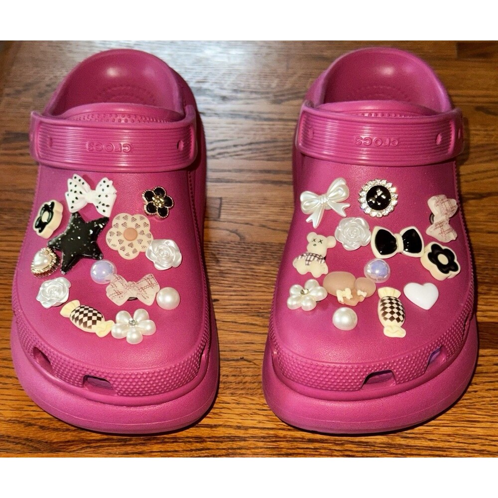 Bling Fur Crocs embellished jibbitz Platform Clog In Magenta W10